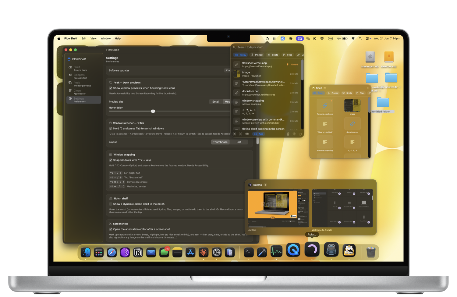 FlowShelf running on a MacBook — the shelf, notch shelf, and settings